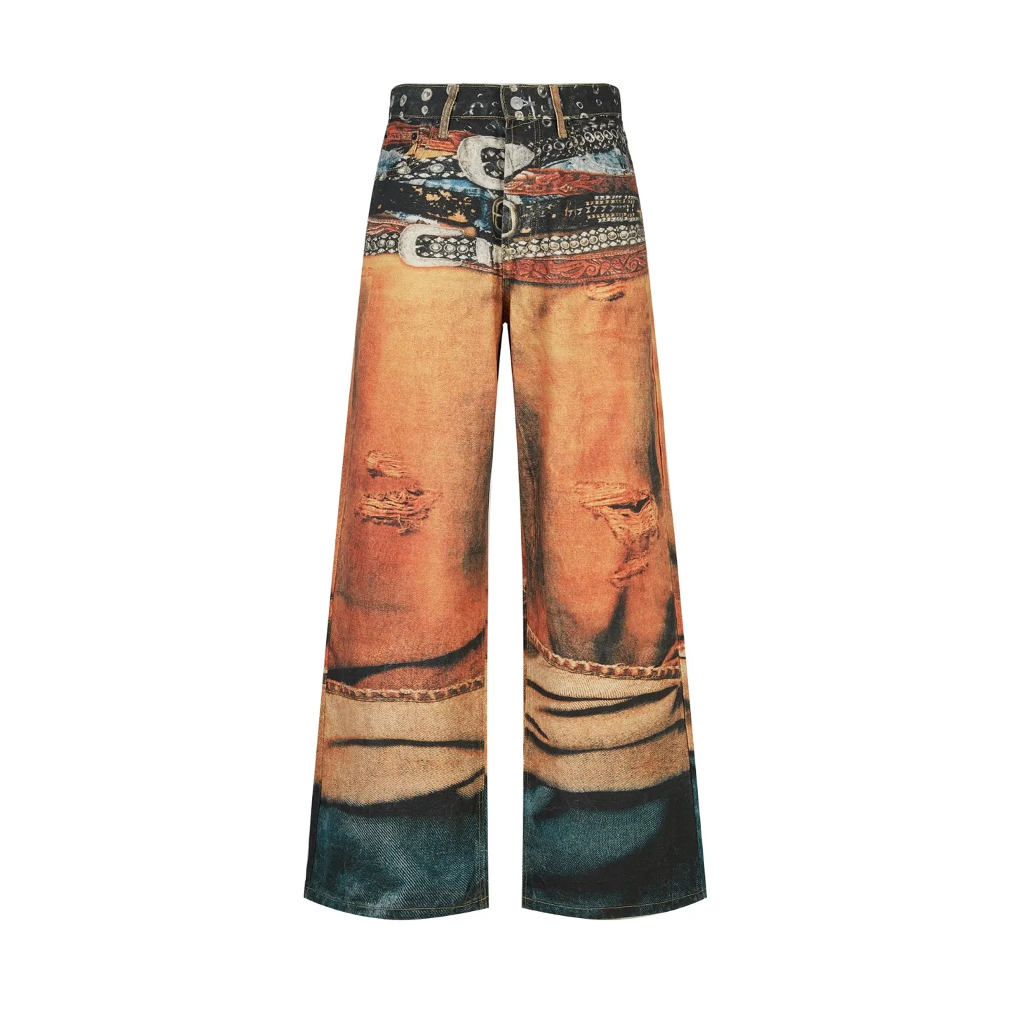 ACN trompe l'oeil print Series denim trousers. Fabric: Made of 12oz 10*7 twill denim pure cotton. Accessories: Buttons are made of electroplated distressed hardware buttons. Technology: Printing adopts 3D direct injection technology, with multiple color combinations to highly restore the original 1:1 effect. Technique: Mud dyeing and frying, 20 pieces per vat customized with same color distressing process. Craftsmanship: Garment washing, color frying, fixed version, solid color to add touch and other processes... This pair of jeans is made of brushed cotton Canvas and decorated with seasonal trompe l'oeil effect prints. Featuring a regular fit and mid-low rise, these jeans feature a straight leg, full length and button placket. Accessories: Customized 1:1 washed trademark Accessories: Customized 1:1 electroplated buttons Size: S-M-L-XL Color: Washed orange Style number: 8886604
